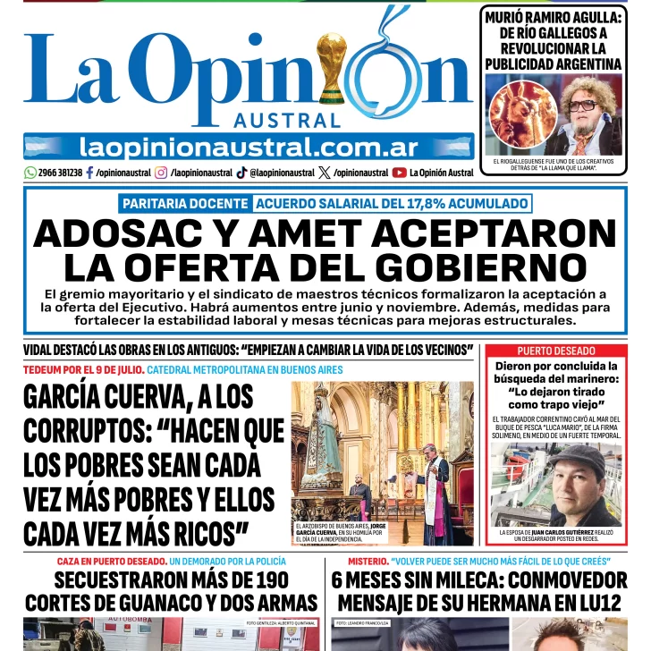 Tapa del Diario La Opinión Austral del viernes 10 de julio de 2026, Río Gallegos, Santa Cruz, Argentina Tapa del Diario La Opinión Austral del viernes 10 de julio de 2026, Río Gallegos, Santa Cruz, Argentina