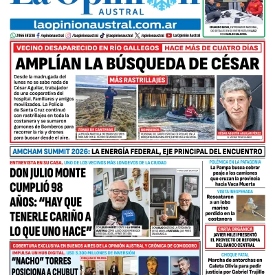 Tapa del Diario La Opinión Austral del viernes 31 de julio de 2026, Río Gallegos, Santa Cruz, Argentina