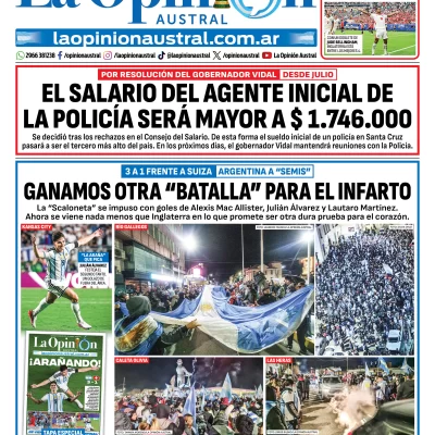 Tapa del Diario La Opinión Austral del domingo 12 de julio de 2026, Río Gallegos, Santa Cruz, Argentina