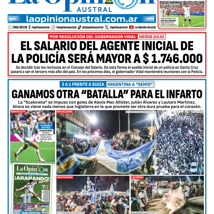Tapa del Diario La Opinión Austral del domingo 12 de julio de 2026, Río Gallegos, Santa Cruz, Argentina Tapa del Diario La Opinión Austral del domingo 12 de julio de 2026, Río Gallegos, Santa Cruz, Argentina