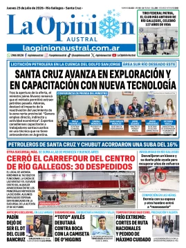 Tapa del Diario La Opinión Austral del jueves 23 de julio de 2026, Río Gallegos, Santa Cruz, Argentina Tapa del Diario La Opinión Austral del jueves 23 de julio de 2026, Río Gallegos, Santa Cruz, Argentina