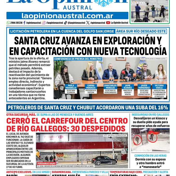 Tapa del Diario La Opinión Austral del jueves 23 de julio de 2026, Río Gallegos, Santa Cruz, Argentina Tapa del Diario La Opinión Austral del jueves 23 de julio de 2026, Río Gallegos, Santa Cruz, Argentina