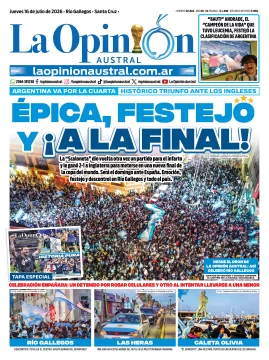 Tapa del Diario La Opinión Austral del jueves 16 de julio de 2026, Río Gallegos, Santa Cruz, Argentina Tapa del Diario La Opinión Austral del jueves 16 de julio de 2026, Río Gallegos, Santa Cruz, Argentina