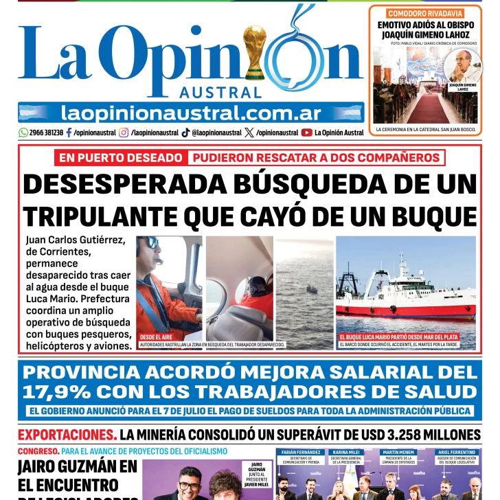 Tapa del Diario La Opinión Austral del jueves 2 de julio de 2026, Río Gallegos, Santa Cruz, Argentina Tapa del Diario La Opinión Austral del jueves 2 de julio de 2026, Río Gallegos, Santa Cruz, Argentina