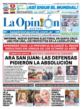 Tapa del Diario La Opinión Austral del martes 7 de julio de 2026, Río Gallegos, Santa Cruz, Argentina Tapa del Diario La Opinión Austral del martes 7 de julio de 2026, Río Gallegos, Santa Cruz, Argentina