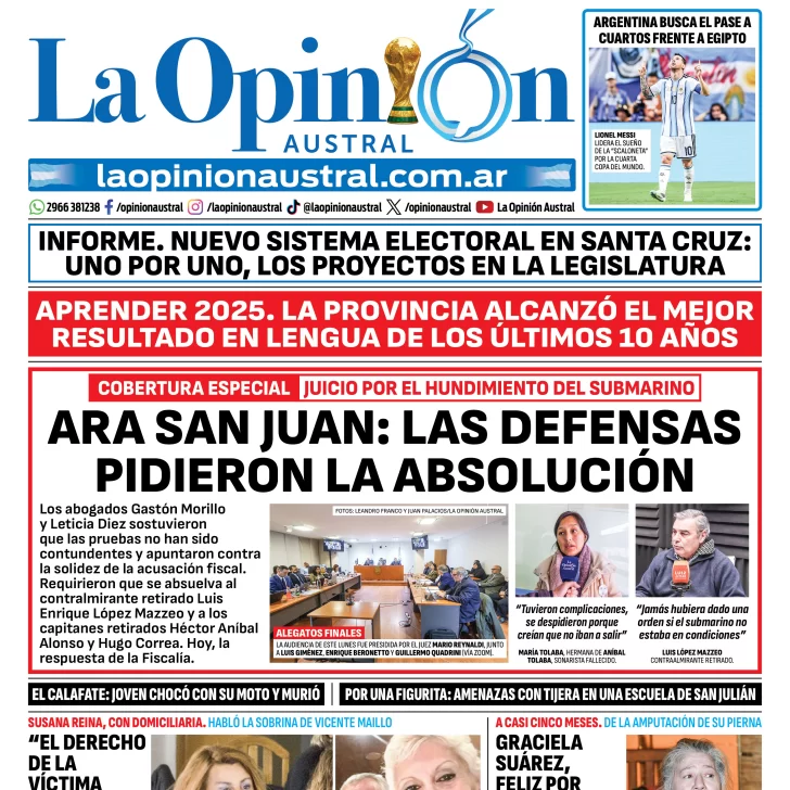 Tapa del Diario La Opinión Austral del martes 7 de julio de 2026, Río Gallegos, Santa Cruz, Argentina Tapa del Diario La Opinión Austral del martes 7 de julio de 2026, Río Gallegos, Santa Cruz, Argentina