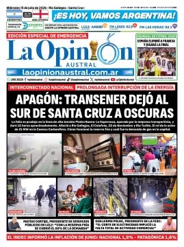 Tapa del Diario La Opinión Austral del miércoles 15 de julio de 2026, Río Gallegos, Santa Cruz, Argentina Tapa del Diario La Opinión Austral del miércoles 15 de julio de 2026, Río Gallegos, Santa Cruz, Argentina
