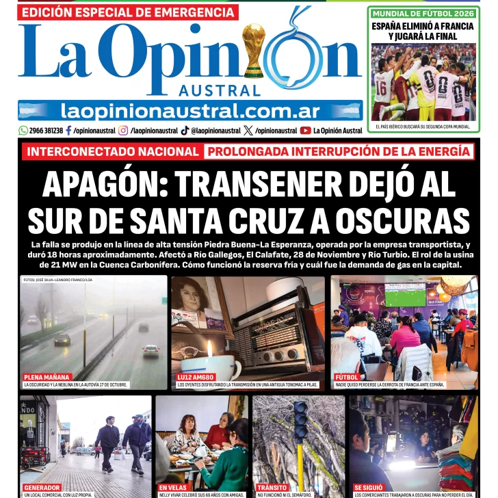 Tapa del Diario La Opinión Austral del miércoles 15 de julio de 2026, Río Gallegos, Santa Cruz, Argentina Tapa del Diario La Opinión Austral del miércoles 15 de julio de 2026, Río Gallegos, Santa Cruz, Argentina