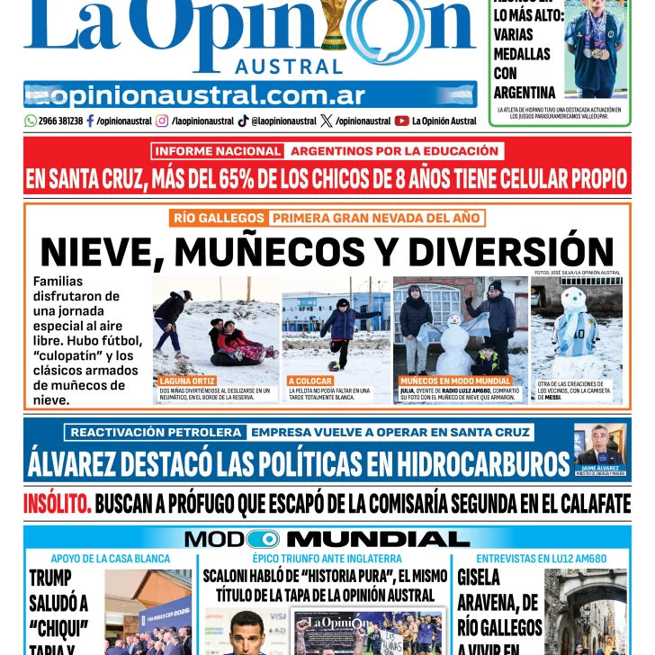 Tapa del Diario La Opinión Austral del sábado 18 de julio de 2026, Río Gallegos, Santa Cruz, Argentina Tapa del Diario La Opinión Austral del sábado 18 de julio de 2026, Río Gallegos, Santa Cruz, Argentina