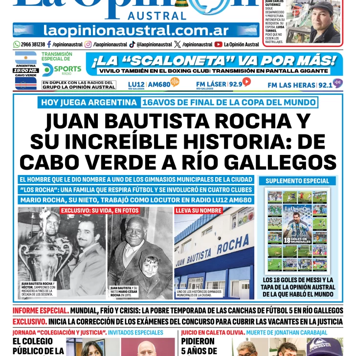 Tapa del Diario La Opinión Austral del viernes 3 de julio de 2026, Río Gallegos, Santa Cruz, Argentina Tapa del Diario La Opinión Austral del viernes 3 de julio de 2026, Río Gallegos, Santa Cruz, Argentina