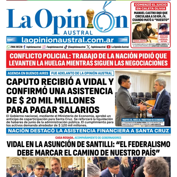 Tapa del Diario La Opinión Austral del miércoles 1 de julio de 2026, Río Gallegos, Santa Cruz, Argentina Tapa del Diario La Opinión Austral del miércoles 1 de julio de 2026, Río Gallegos, Santa Cruz, Argentina