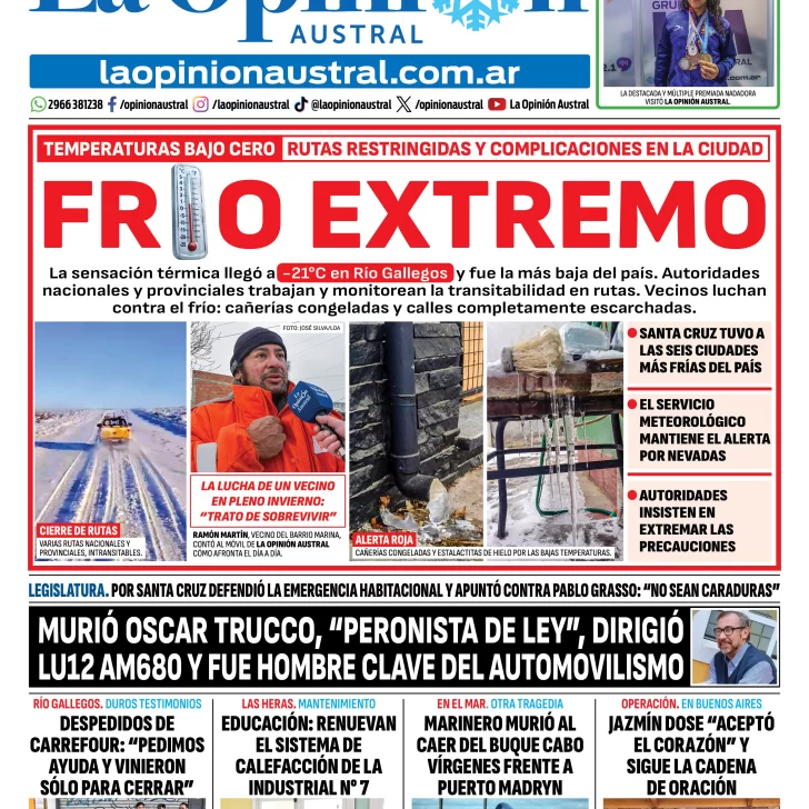 Tapa del Diario La Opinión Austral del viernes 24 de julio de 2026, Río Gallegos, Santa Cruz, Argentina Tapa del Diario La Opinión Austral del viernes 24 de julio de 2026, Río Gallegos, Santa Cruz, Argentina