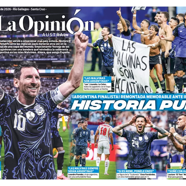 Tapa especial de La Opinión Austral: Historia pura, Argentina finalista del Mundial 2026 tras una remontada memorable ante Inglaterra Tapa especial de La Opinión Austral: Historia pura, Argentina finalista del Mundial 2026 tras una remontada memorable ante Inglaterra