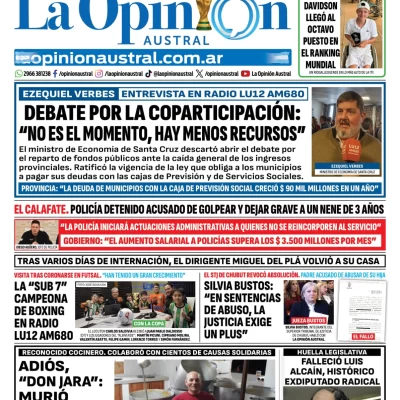 Tapa del Diario La Opinión Austral del martes 14 de julio de 2026, Río Gallegos, Santa Cruz, Argentina