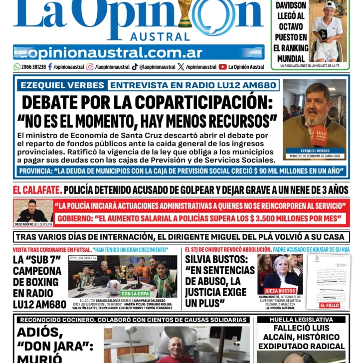 Tapa del Diario La Opinión Austral del martes 14 de julio de 2026, Río Gallegos, Santa Cruz, Argentina Tapa del Diario La Opinión Austral del martes 14 de julio de 2026, Río Gallegos, Santa Cruz, Argentina