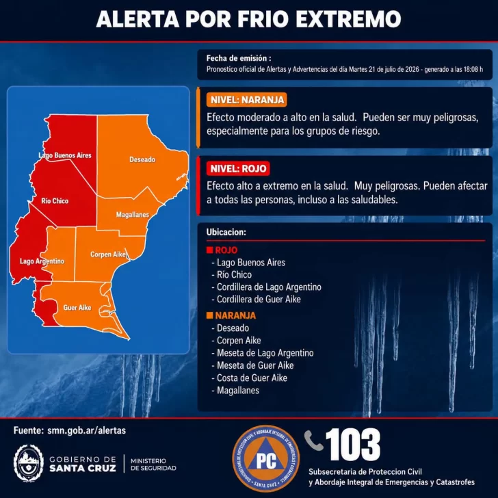 Alerta roja y naranja por frío extremo en Santa Cruz: nevadas y heladas severas marcarán el periodo más intenso del año