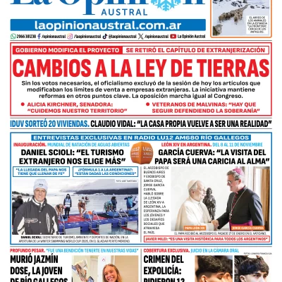 Tapa del Diario La Opinión Austral del jueves 6 de agosto de 2026, Río Gallegos, Santa Cruz, Argentina