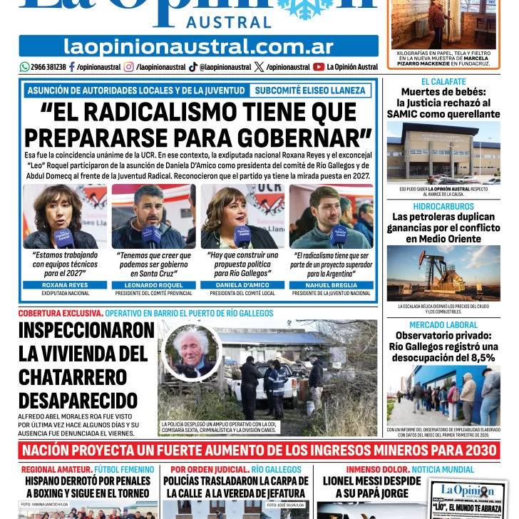 Tapa del Diario La Opinión Austral del domingo 9 de agosto de 2026, Río Gallegos, Santa Cruz, Argentina Tapa del Diario La Opinión Austral del domingo 9 de agosto de 2026, Río Gallegos, Santa Cruz, Argentina