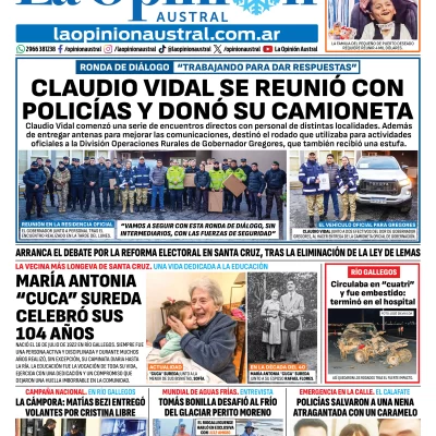 Tapa del Diario La Opinión Austral del martes 11 de agosto de 2026, Río Gallegos, Santa Cruz, Argentina
