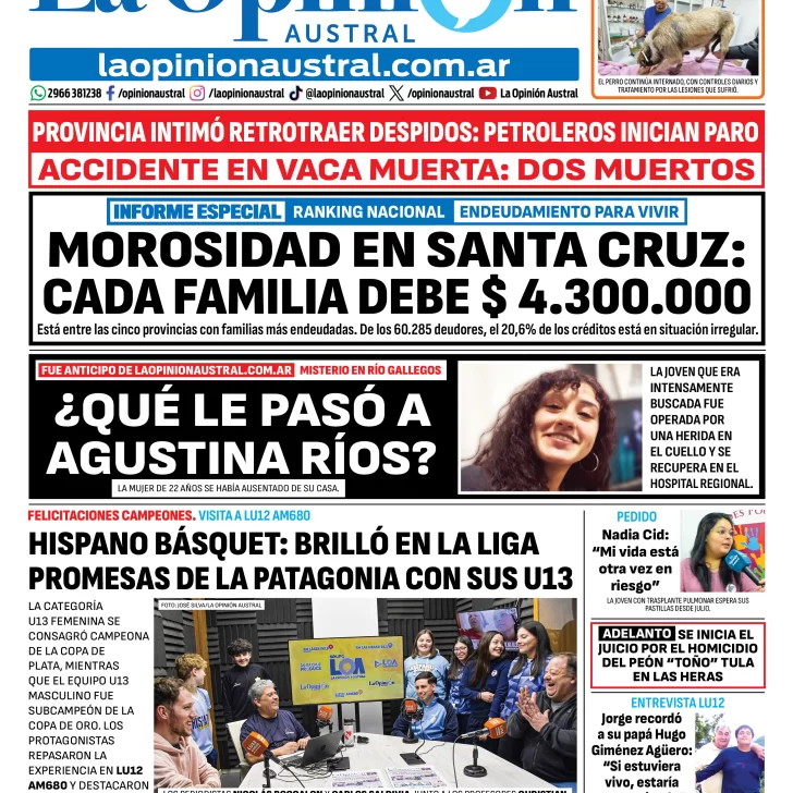Tapa del Diario La Opinión Austral del miércoles 26 de agosto de 2026, Río Gallegos, Santa Cruz, Argentina Tapa del Diario La Opinión Austral del miércoles 26 de agosto de 2026, Río Gallegos, Santa Cruz, Argentina