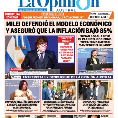 Tapa especial de La Opinión Austral: Milei defendió el modelo económico y aseguró que la inflación bajó 85% Tapa especial de La Opinión Austral: Milei defendió el modelo económico y aseguró que la inflación bajó 85%