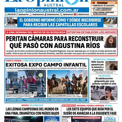 Tapa del Diario La Opinión Austral del domingo 30 de agosto de 2026, Río Gallegos, Santa Cruz, Argentina