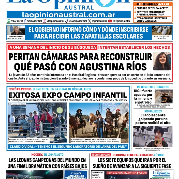 Tapa del Diario La Opinión Austral del domingo 30 de agosto de 2026, Río Gallegos, Santa Cruz, Argentina Tapa del Diario La Opinión Austral del domingo 30 de agosto de 2026, Río Gallegos, Santa Cruz, Argentina
