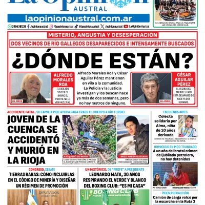 Tapa del Diario La Opinión Austral del lunes 10 de agosto de 2026, Río Gallegos, Santa Cruz, Argentina