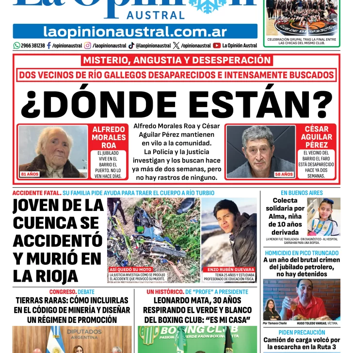 Tapa del Diario La Opinión Austral del lunes 10 de agosto de 2026, Río Gallegos, Santa Cruz, Argentina Tapa del Diario La Opinión Austral del lunes 10 de agosto de 2026, Río Gallegos, Santa Cruz, Argentina