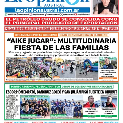Tapa del Diario La Opinión Austral del lunes 31 de agosto de 2026, Río Gallegos, Santa Cruz, Argentina