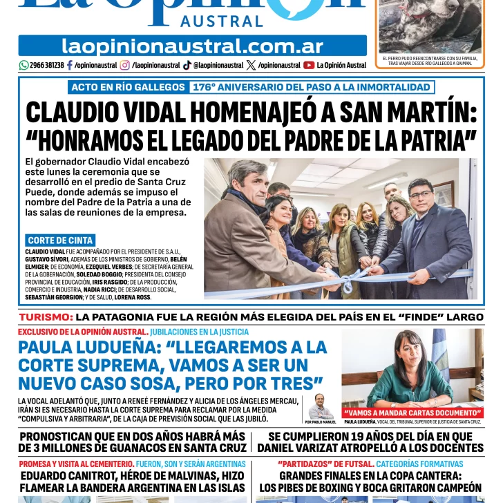 Tapa del Diario La Opinión Austral del martes 18 de agosto de 2026, Río Gallegos, Santa Cruz, Argentina Tapa del Diario La Opinión Austral del martes 18 de agosto de 2026, Río Gallegos, Santa Cruz, Argentina