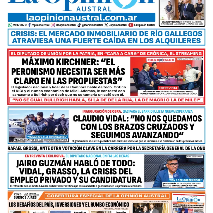Tapa del Diario La Opinión Austral del viernes 21 de agosto de 2026, Río Gallegos, Santa Cruz, Argentina Tapa del Diario La Opinión Austral del viernes 21 de agosto de 2026, Río Gallegos, Santa Cruz, Argentina
