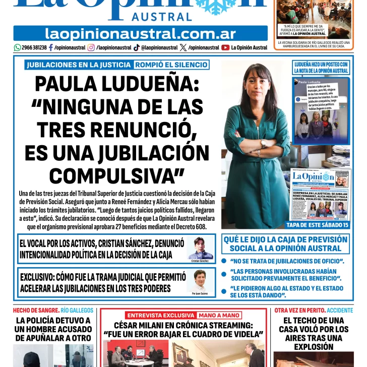 Tapa del Diario La Opinión Austral del domingo 16 de agosto de 2026, Río Gallegos, Santa Cruz, Argentina Tapa del Diario La Opinión Austral del domingo 16 de agosto de 2026, Río Gallegos, Santa Cruz, Argentina