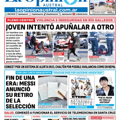 Tapa del Diario La Opinión Austral del martes 1 de septiembre de 2026, Río Gallegos, Santa Cruz, Argentina