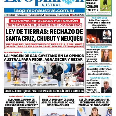 Tapa del Diario La Opinión Austral del martes 4 de agosto de 2026, Río Gallegos, Santa Cruz, Argentina