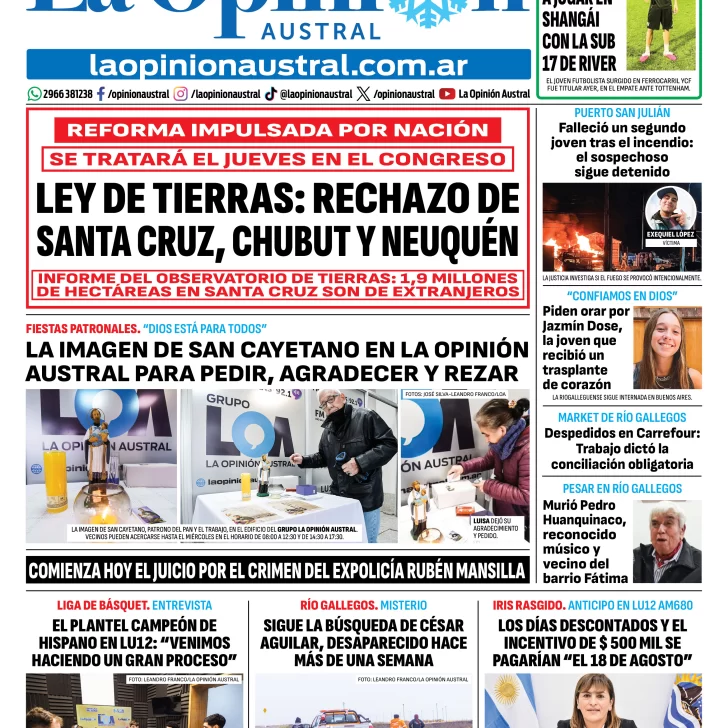 Tapa del Diario La Opinión Austral del martes 4 de agosto de 2026, Río Gallegos, Santa Cruz, Argentina Tapa del Diario La Opinión Austral del martes 4 de agosto de 2026, Río Gallegos, Santa Cruz, Argentina