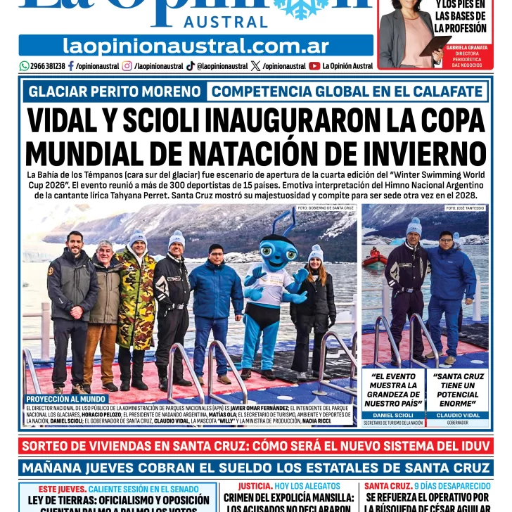 Tapa del Diario La Opinión Austral del miércoles 5 de agosto de 2026, Río Gallegos, Santa Cruz, Argentina Tapa del Diario La Opinión Austral del miércoles 5 de agosto de 2026, Río Gallegos, Santa Cruz, Argentina