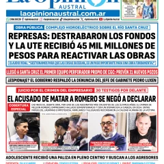 Tapa del Diario La Opinión Austral del sábado 29 de agosto de 2026, Río Gallegos, Santa Cruz, Argentina