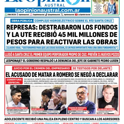 Tapa del Diario La Opinión Austral del sábado 29 de agosto de 2026, Río Gallegos, Santa Cruz, Argentina