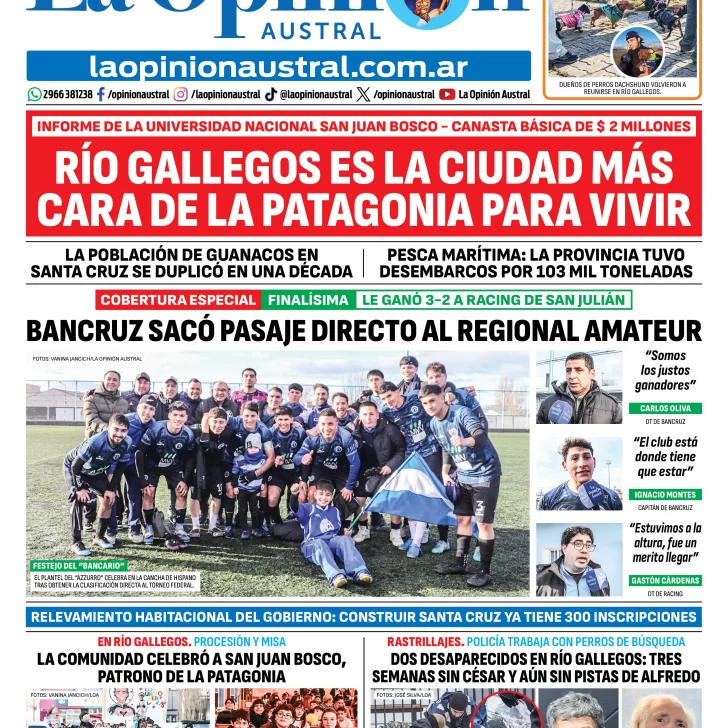 Tapa del Diario La Opinión Austral del lunes 17 de agosto de 2026, Río Gallegos, Santa Cruz, Argentina Tapa del Diario La Opinión Austral del lunes 17 de agosto de 2026, Río Gallegos, Santa Cruz, Argentina