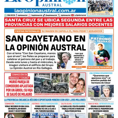Tapa del Diario La Opinión Austral del lunes 3 de agosto de 2026, Río Gallegos, Santa Cruz, Argentina