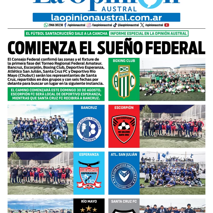 Tapa especial de La Opinión Austral: Comienza el sueño federal Tapa especial de La Opinión Austral: Comienza el sueño federal