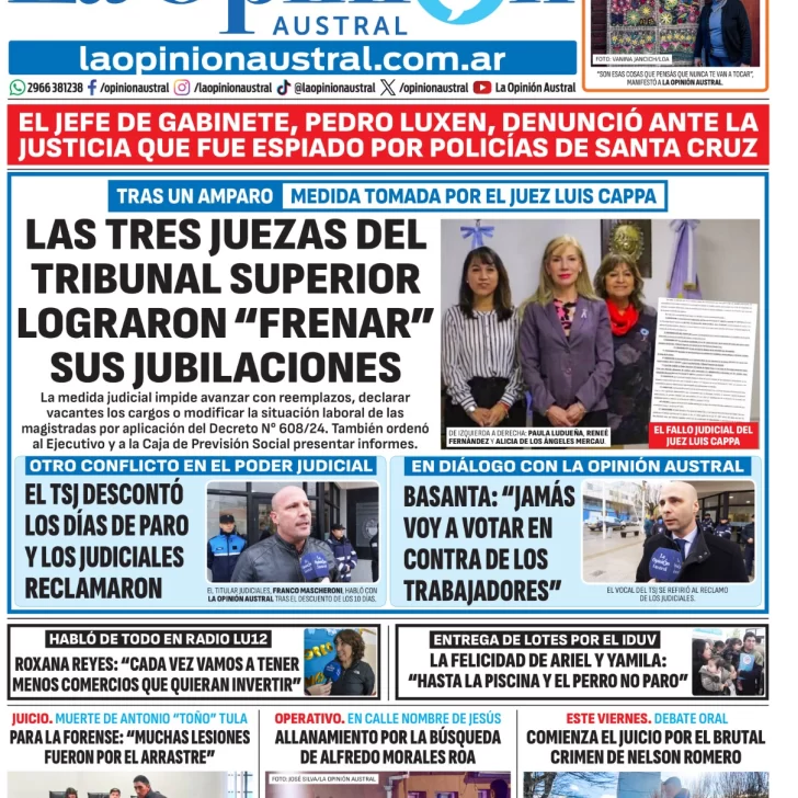 Tapa del Diario La Opinión Austral del viernes 28 de agosto de 2026, Río Gallegos, Santa Cruz, Argentina Tapa del Diario La Opinión Austral del viernes 28 de agosto de 2026, Río Gallegos, Santa Cruz, Argentina