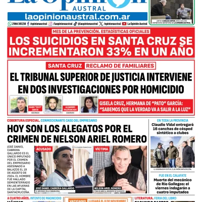 Tapa del Diario La Opinión Austral del miércoles 2 de septiembre de 2026, Río Gallegos, Santa Cruz, Argentina