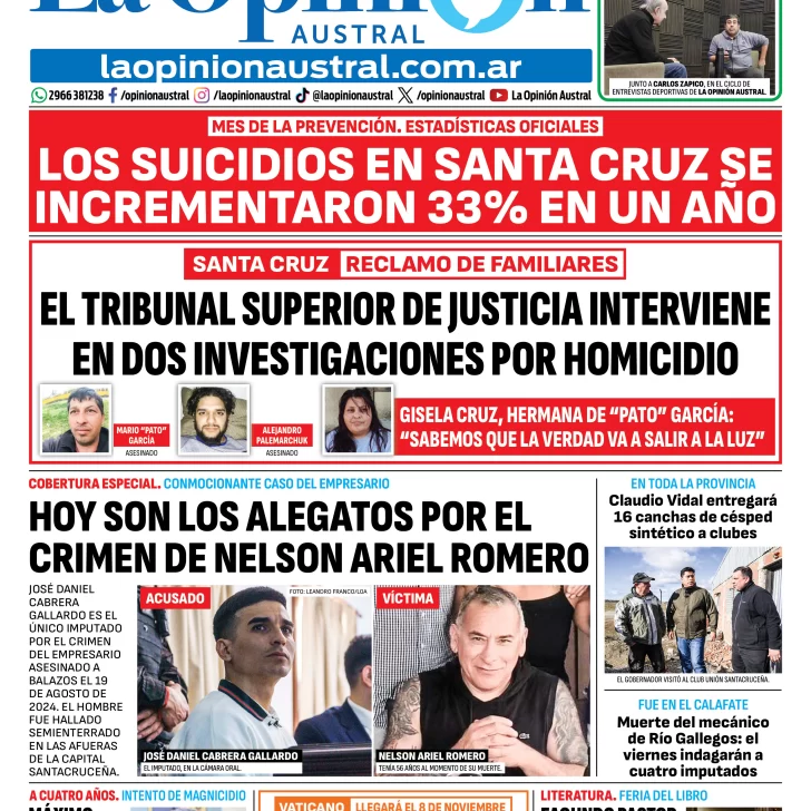 Tapa del Diario La Opinión Austral del miércoles 2 de septiembre de 2026, Río Gallegos, Santa Cruz, Argentina Tapa del Diario La Opinión Austral del miércoles 2 de septiembre de 2026, Río Gallegos, Santa Cruz, Argentina