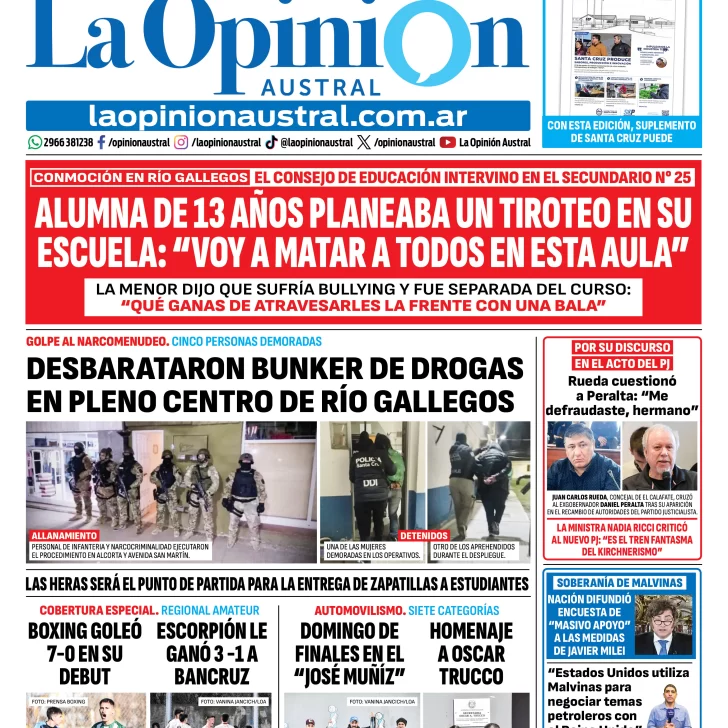 Tapa del Diario La Opinión Austral del lunes 7 de septiembre de 2026, Río Gallegos, Santa Cruz, Argentina Tapa del Diario La Opinión Austral del lunes 7 de septiembre de 2026, Río Gallegos, Santa Cruz, Argentina