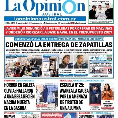 Tapa del Diario La Opinión Austral del martes 8 de septiembre de 2026, Río Gallegos, Santa Cruz, Argentina