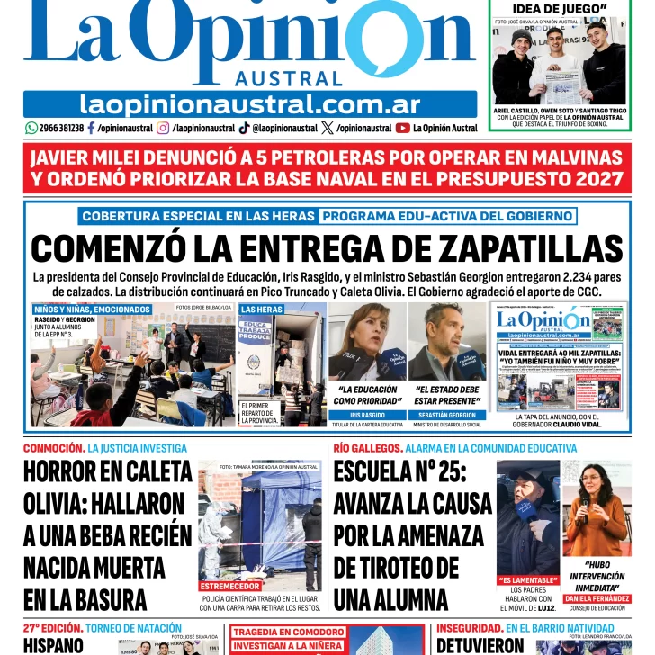 Tapa del Diario La Opinión Austral del martes 8 de septiembre de 2026, Río Gallegos, Santa Cruz, Argentina Tapa del Diario La Opinión Austral del martes 8 de septiembre de 2026, Río Gallegos, Santa Cruz, Argentina