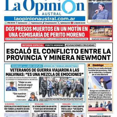 Tapa del Diario La Opinión Austral del domingo 13 de septiembre de 2026, Río Gallegos, Santa Cruz, Argentina