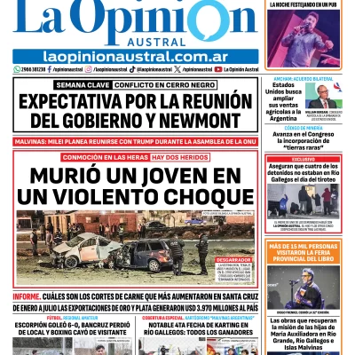 Tapa del Diario La Opinión Austral del lunes 14 de septiembre de 2026, Río Gallegos, Santa Cruz, Argentina